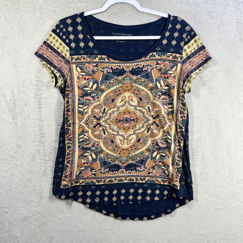 Lucky Brand Medallion Print Tee Womens M Navy Blue Boho Paisley T-Shirt